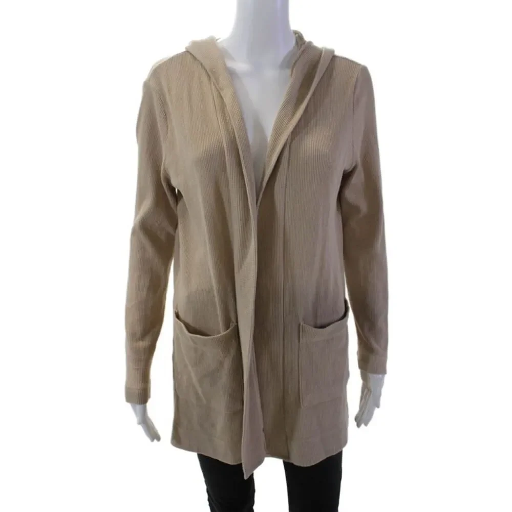 Splendid Womens Long Sleeves Open Front Hooded Sweatshirt Beige Size Medium